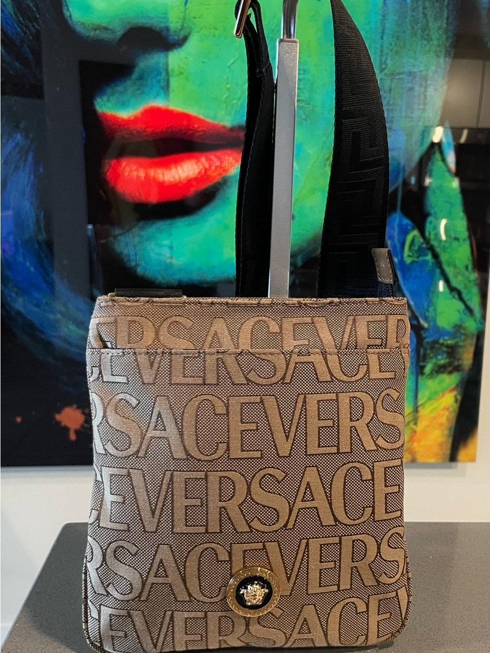 Versace Beige Logo Jacquard Crossbody Bag with Black Strap and Medusa Button
